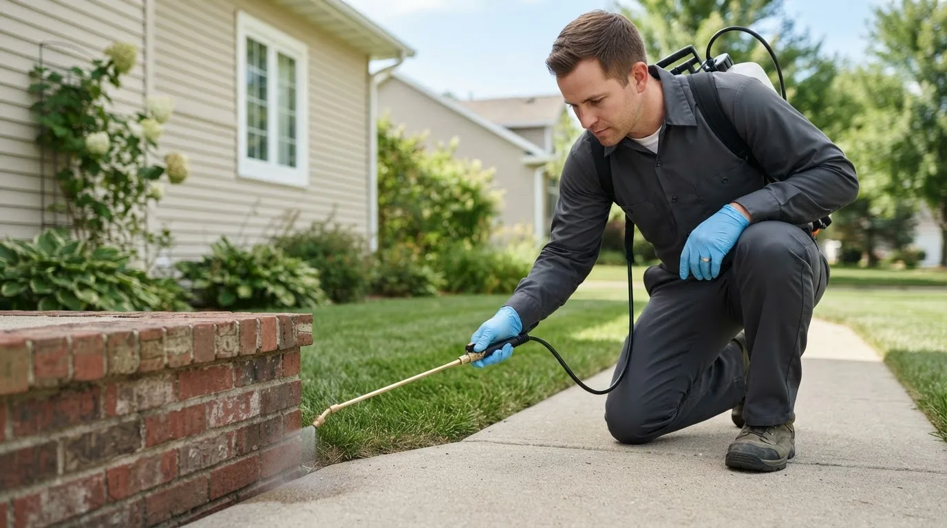 Pest control technician treating a home near West Point, AR